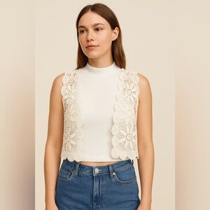 🕊️ H&M White Crochet Lace Vest Top – Boho Floral Open Knit 100% Cotton 🌸✨